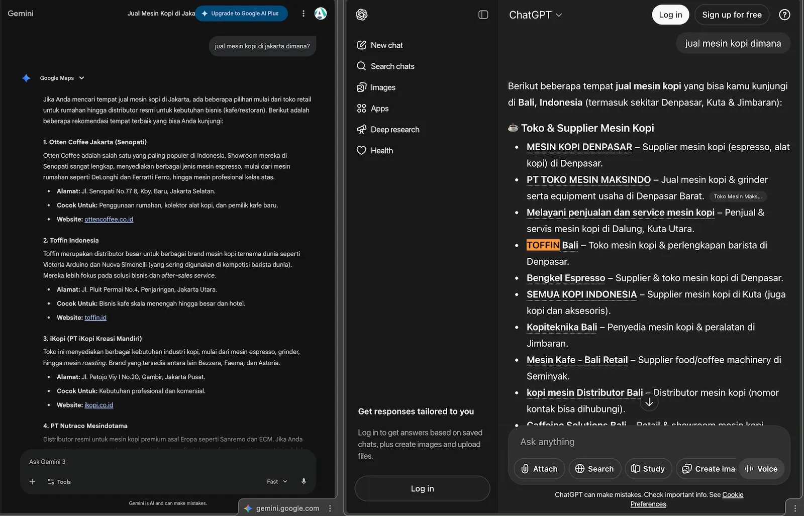 ChatGPT Recommendation & Google Gemini Screenshot