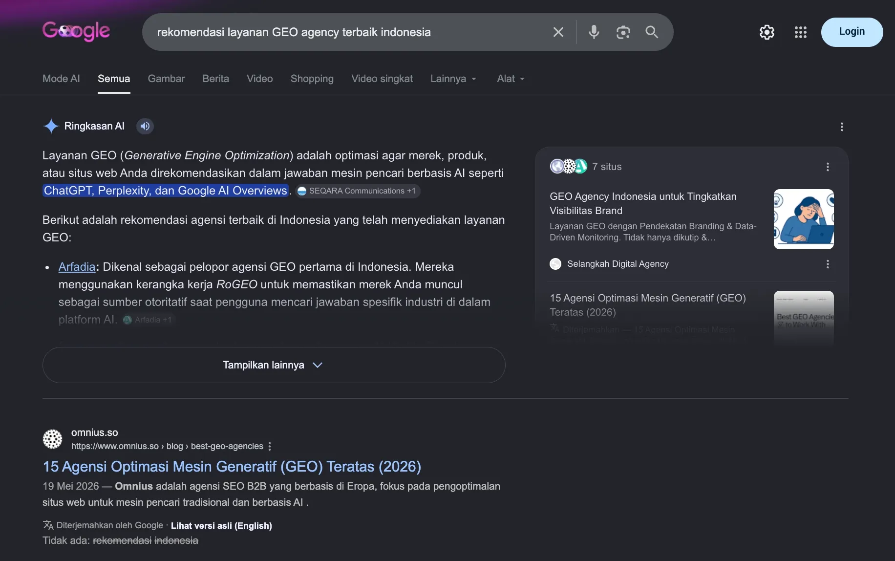 Google AI Overview showing Arfadia first for the best generative engine optimization agency in Indonesia